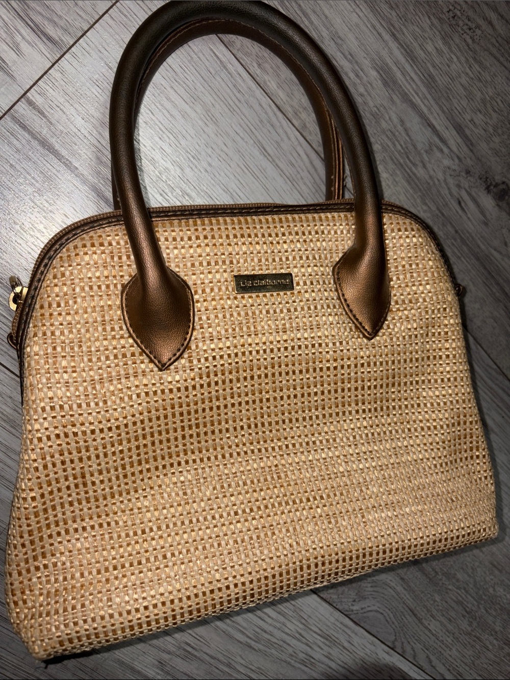 Liz Claiborne Tan Woven Satchel with Brown Handles